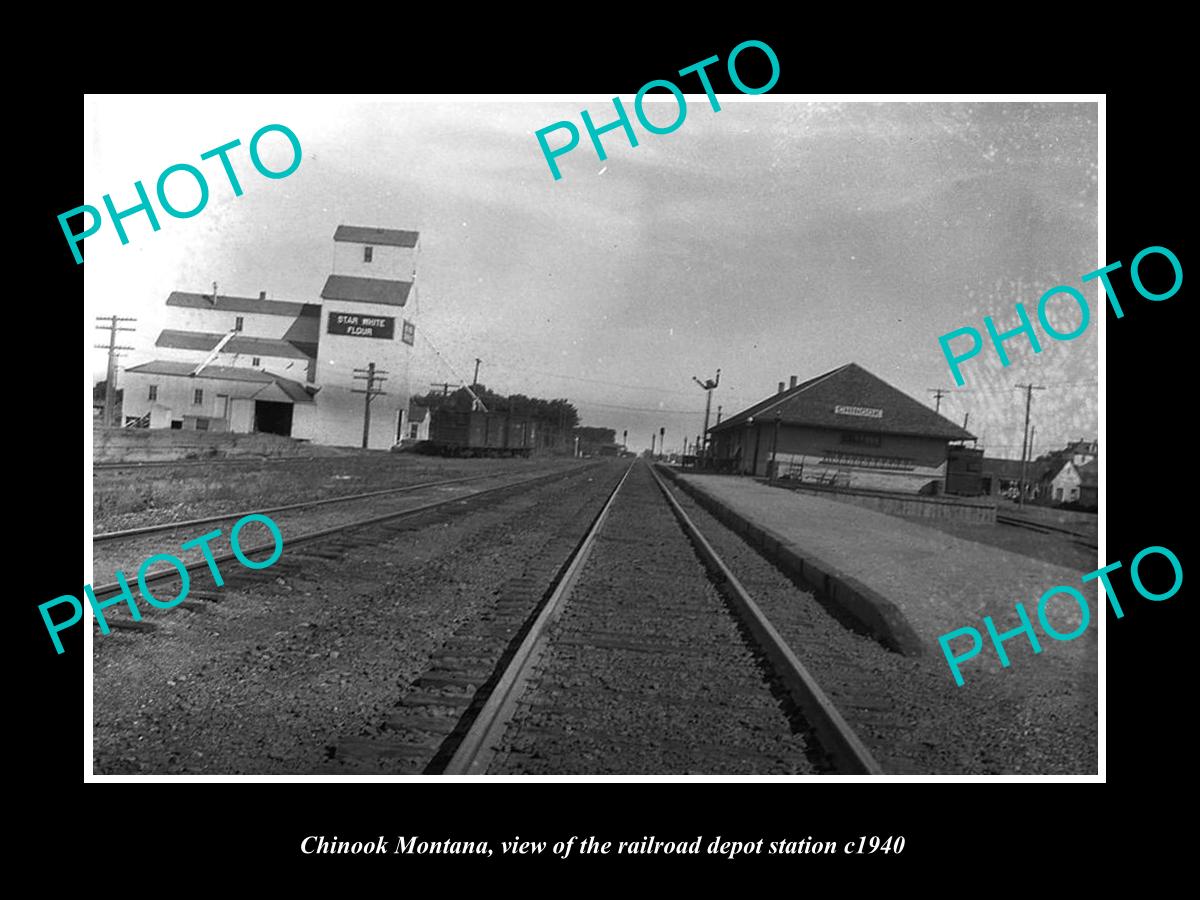 OLD LARGE HISTORIC PHOTO OF CHINOOK MONTANA, THE RAILROAD DEPOT STATION c1940