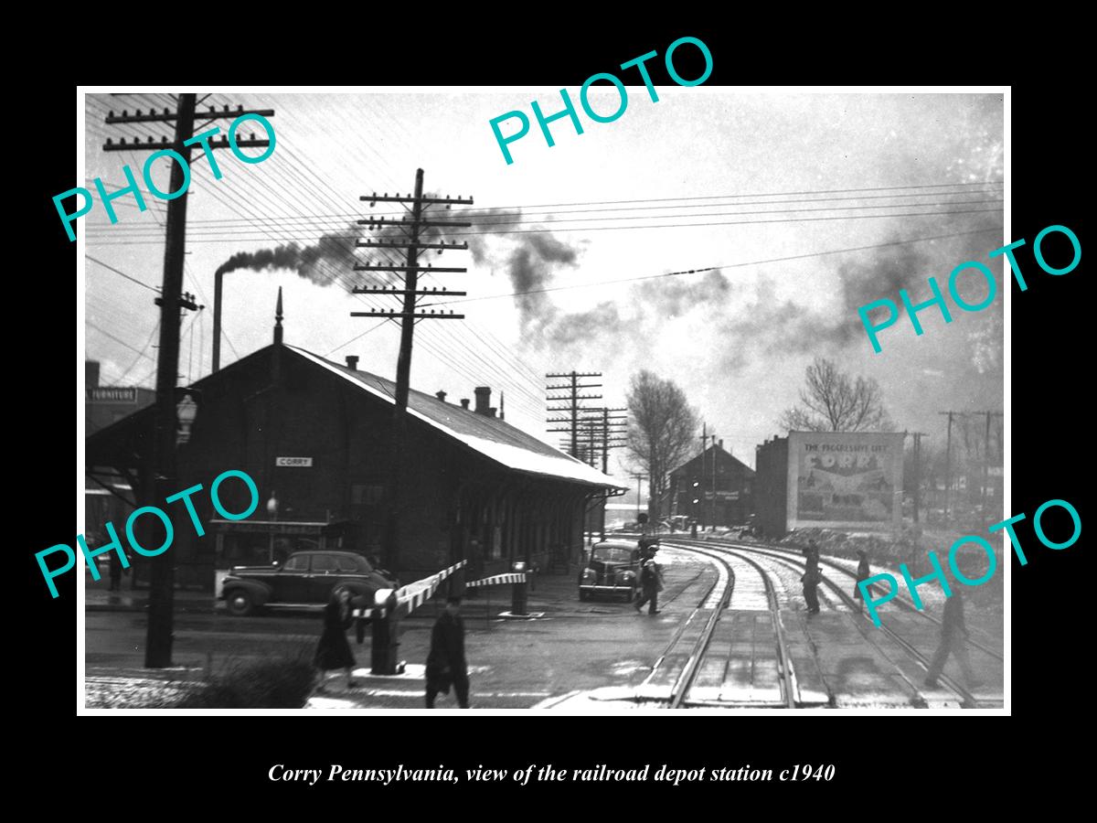 OLD LARGE HISTORIC PHOTO OF CORRY PENNSYLVANIA, THE RAILROAD DEPOT STATION c1940