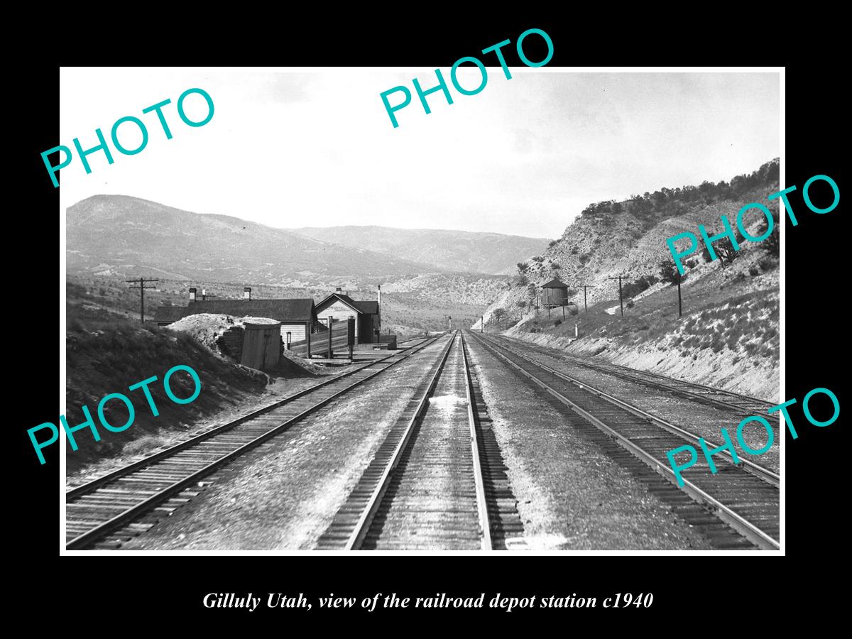 OLD LARGE HISTORIC PHOTO OF GILLULY UTAH, THE RAILROAD DEPOT STATION c1940