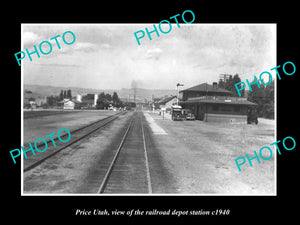 OLD LARGE HISTORIC PHOTO OF PRICE UTAH, THE RAILROAD DEPOT STATION c1940