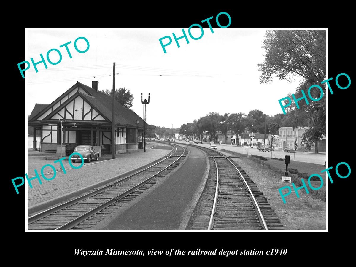 OLD LARGE HISTORIC PHOTO OF WAYZATA MINNESOTA, THE RAILROAD DEPOT STATION c1940