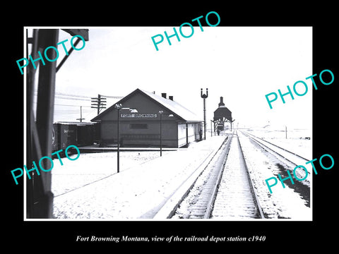 OLD LARGE HISTORIC PHOTO OF FORT BROWNING MONTANA RAILROAD DEPOT STATION c1940