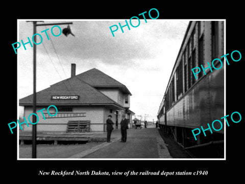 OLD LARGE HISTORIC PHOTO OF NEW ROCKFORD NORTH DAKOTA, THE RAILROAD DEPOT c1940