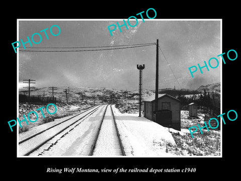 OLD LARGE HISTORIC PHOTO OF RISING WOLF MONTANA RAILROAD DEPOT STATION c1940