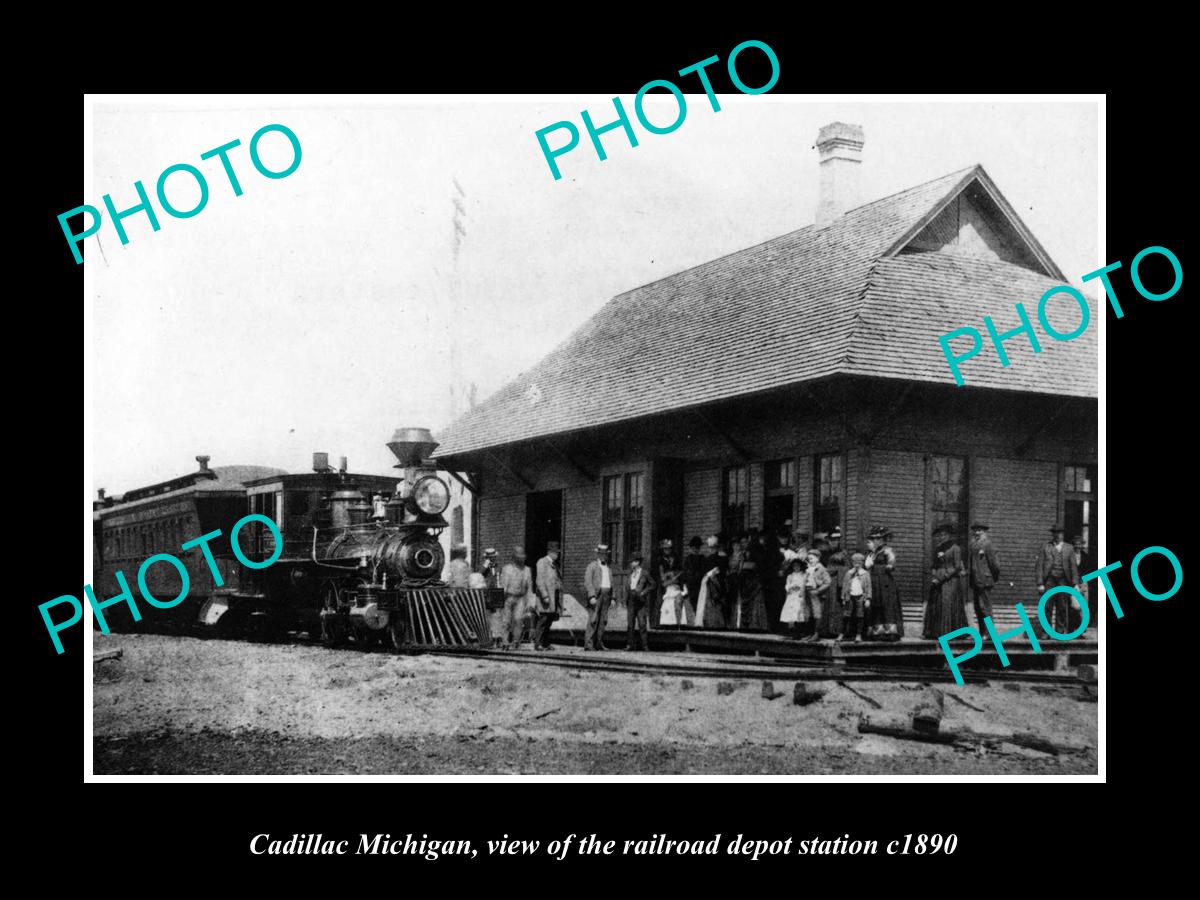 OLD LARGE HISTORIC PHOTO OF CADILLAC MICHIGAN, THE RAILROAD DEPOT STATION 1880