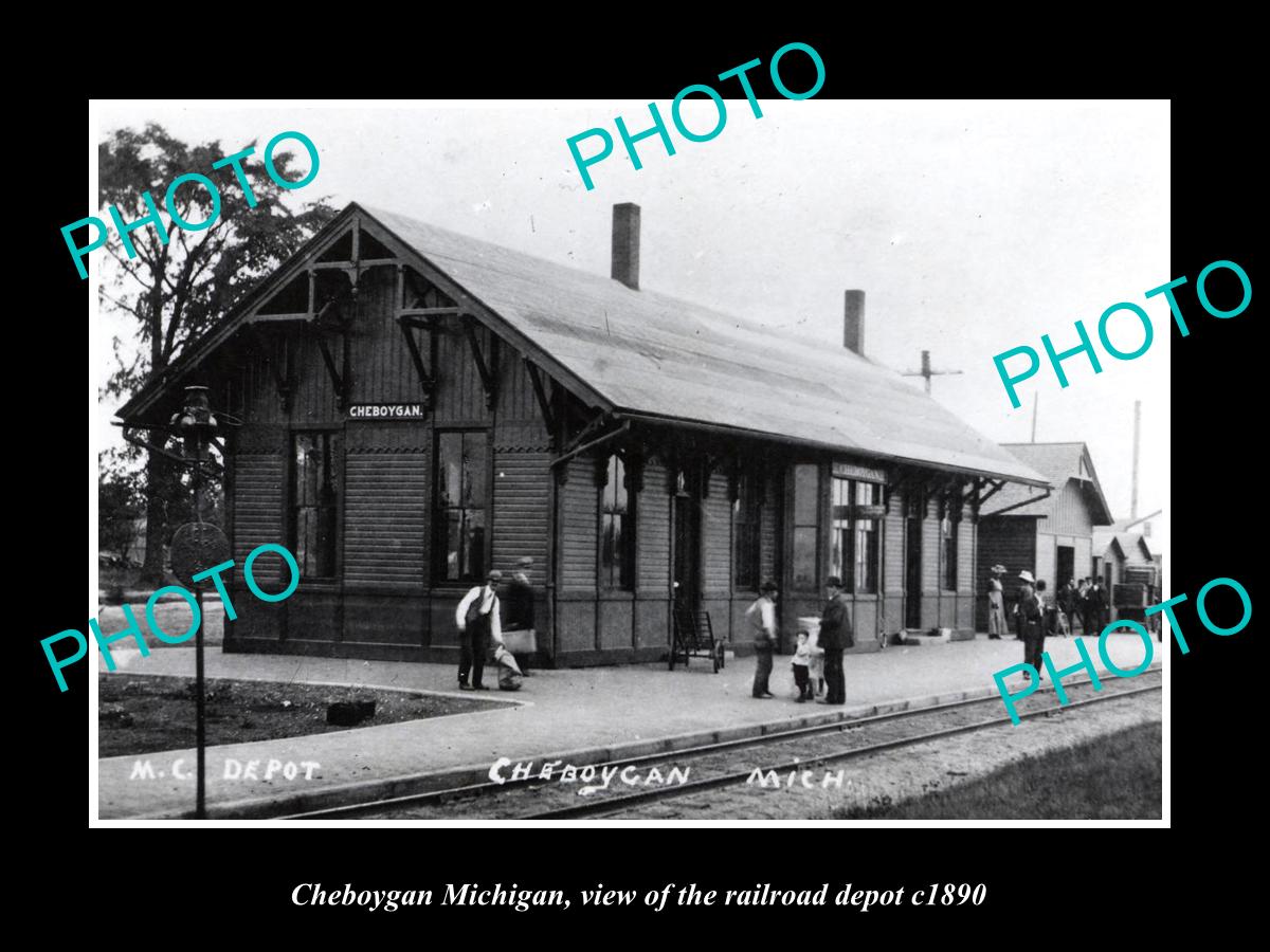 OLD LARGE HISTORIC PHOTO OF CHEBOYGAN MICHIGAN, RAILROAD DEPOT STATION c1890