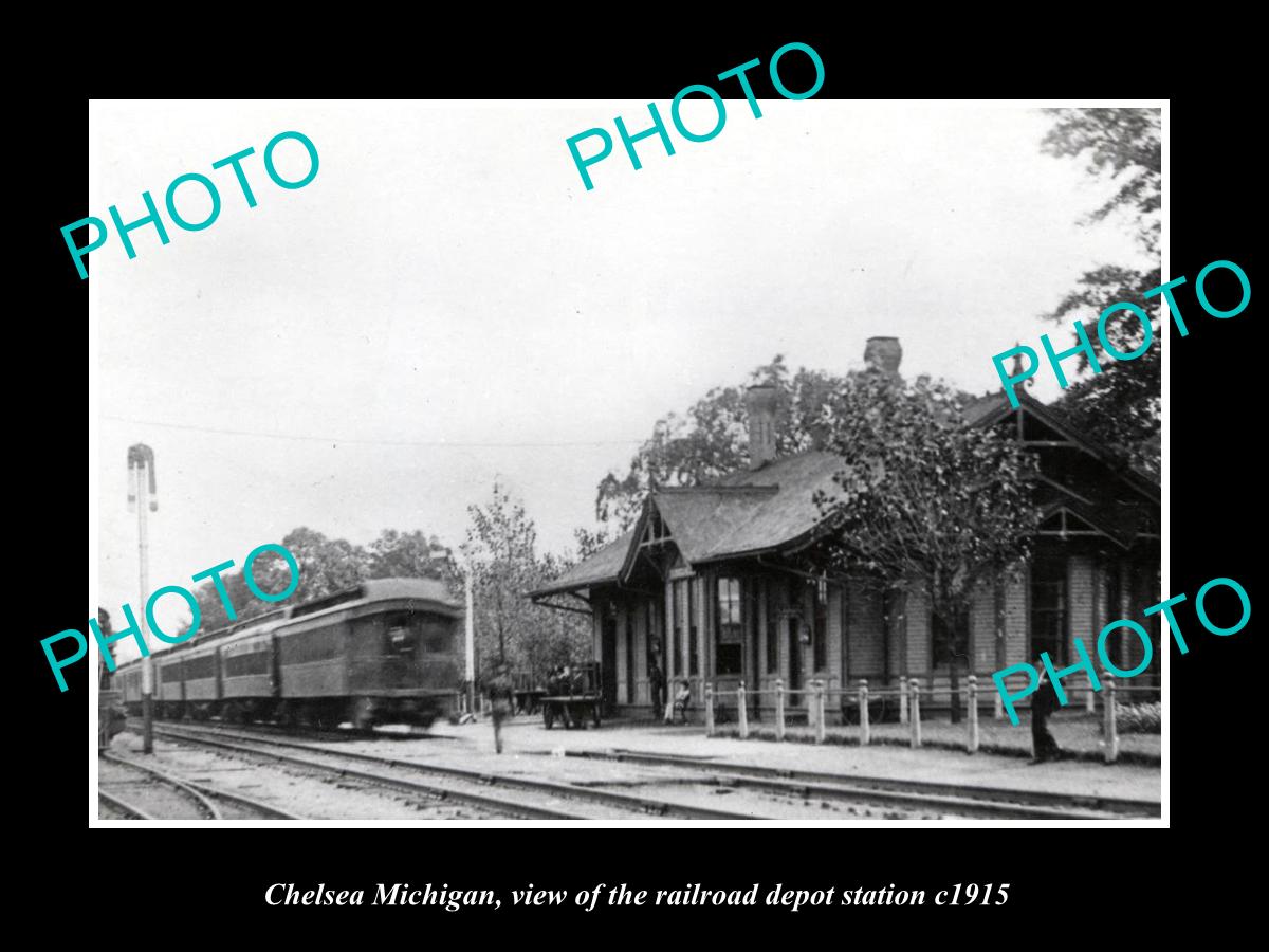 OLD LARGE HISTORIC PHOTO OF CHELSEA MICHIGAN, THE RAILROAD DEPOT STATION c1915