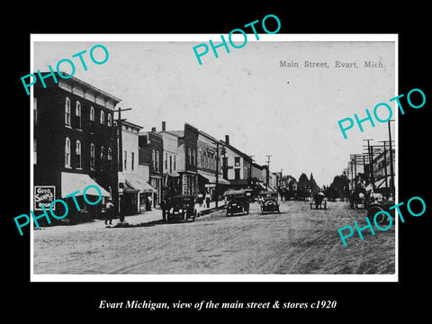 OLD LARGE HISTORIC PHOTO OF EVART MICHIGAN, THE MAIN STREET & STORES c1920