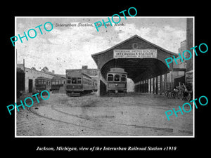 OLD LARGE HISTORIC PHOTO OF JACKSON MICHIGAN, INTERURBAN RAILROAD STATION c1910