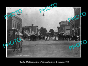 OLD LARGE HISTORIC PHOTO OF LESLIE MICHIGAN, THE MAIN STREET & STORES c1910