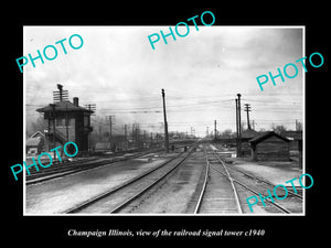 OLD LARGE HISTORIC PHOTO OF CHAMPAIGN ILLINOIS, THE RAILROAD SIGNAL TOWER c1940