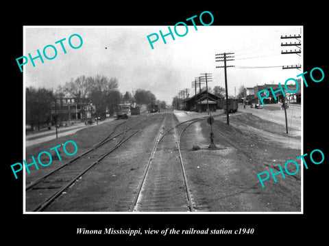 OLD LARGE HISTORIC PHOTO OF WINONA MISSISSIPPI RAILROAD DEPOT STATION c1940