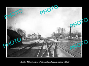 OLD LARGE HISTORIC PHOTO OF ASHLEY ILLINOIS RAILROAD DEPOT STATION c1940