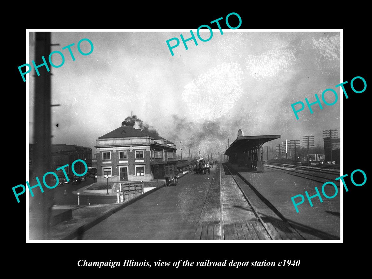 OLD LARGE HISTORIC PHOTO OF CHAMPAIGN ILLINOIS RAILROAD DEPOT STATION c1940