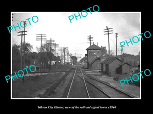 OLD LARGE HISTORIC PHOTO OF GIBSON CITY ILLINOIS THE RAILROAD SIGNAL TOWER c1940