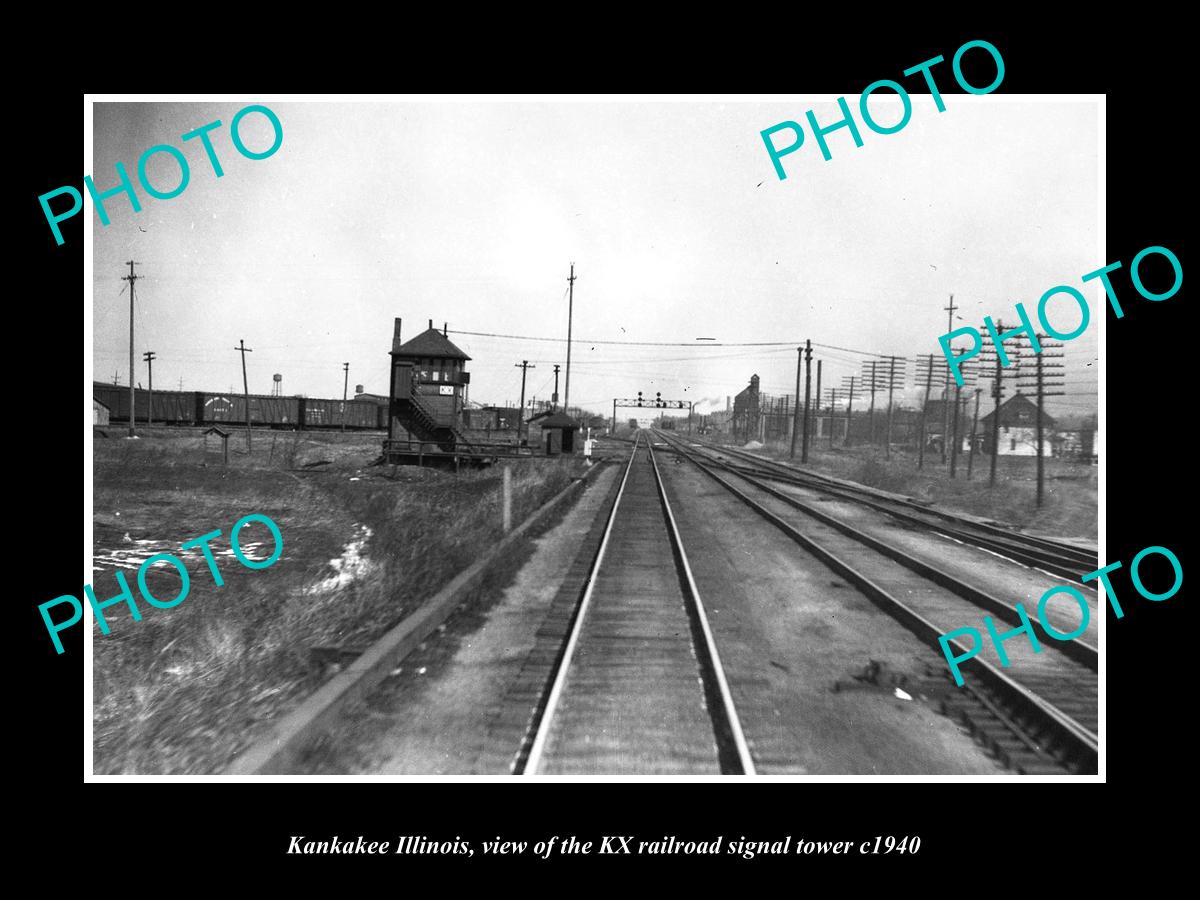 OLD LARGE HISTORIC PHOTO OF KANKAKEE ILLINOIS, KX RAILROAD SIGNAL TOWER c1940