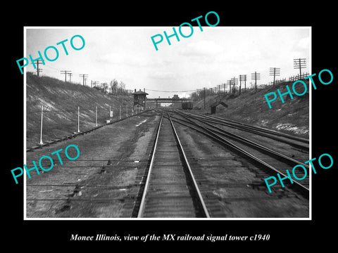 OLD LARGE HISTORIC PHOTO OF MONEE ILLINOIS, MX RAILROAD SIGNAL TOWER c1940