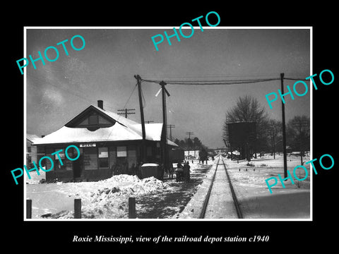 OLD LARGE HISTORIC PHOTO OF ROXIE MISSISSIPPI RAILROAD DEPOT STATION c1940