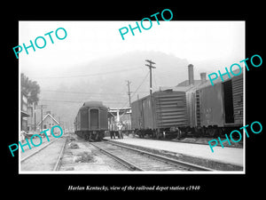 OLD LARGE HISTORIC PHOTO OF HARLAN KENTUCKY, THE RAILROAD DEPOT STATION c1940