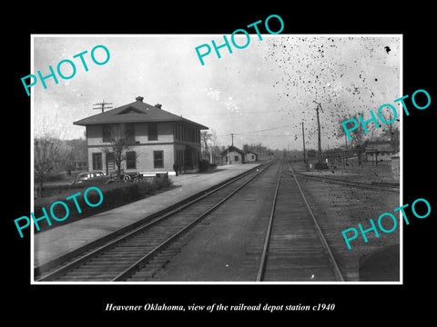 OLD LARGE HISTORIC PHOTO OF HEAVENER OKLAHOMA, THE RAILROAD DEPOT STATION c1940