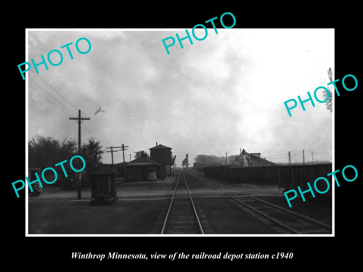 OLD LARGE HISTORIC PHOTO OF WINTHROP MINNESOTA, THE RAILROAD DEPOT STATION c1940