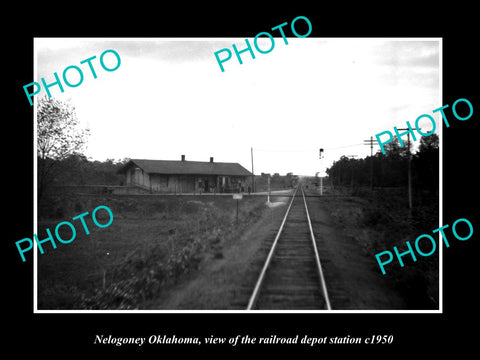 OLD LARGE HISTORIC PHOTO OF NELOGONEY OKLAHOMA RAILROAD DEPOT STATION c1950