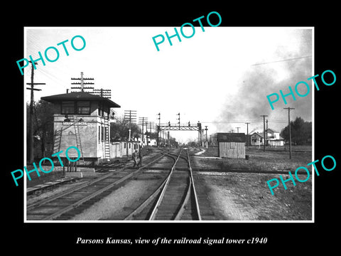 OLD LARGE HISTORIC PHOTO OF PARSONS KANSAS, THE RAILROAD SIGNAL TOWER c1940