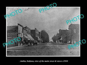 OLD LARGE HISTORIC PHOTO OF AMBIA INDIANA, THE MAIN STREET & STORES c1910