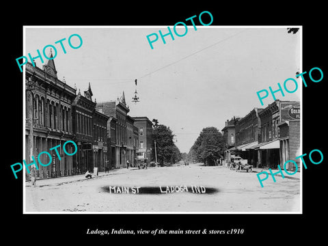 OLD LARGE HISTORIC PHOTO OF LADOGA INDIANA, THE MAIN STREET & STORES c1910