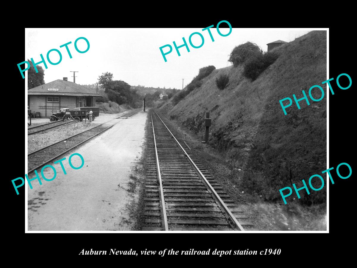 OLD LARGE HISTORIC PHOTO OF AUBURN NEVADA, THE RAILROAD DEPOT STATION c1940