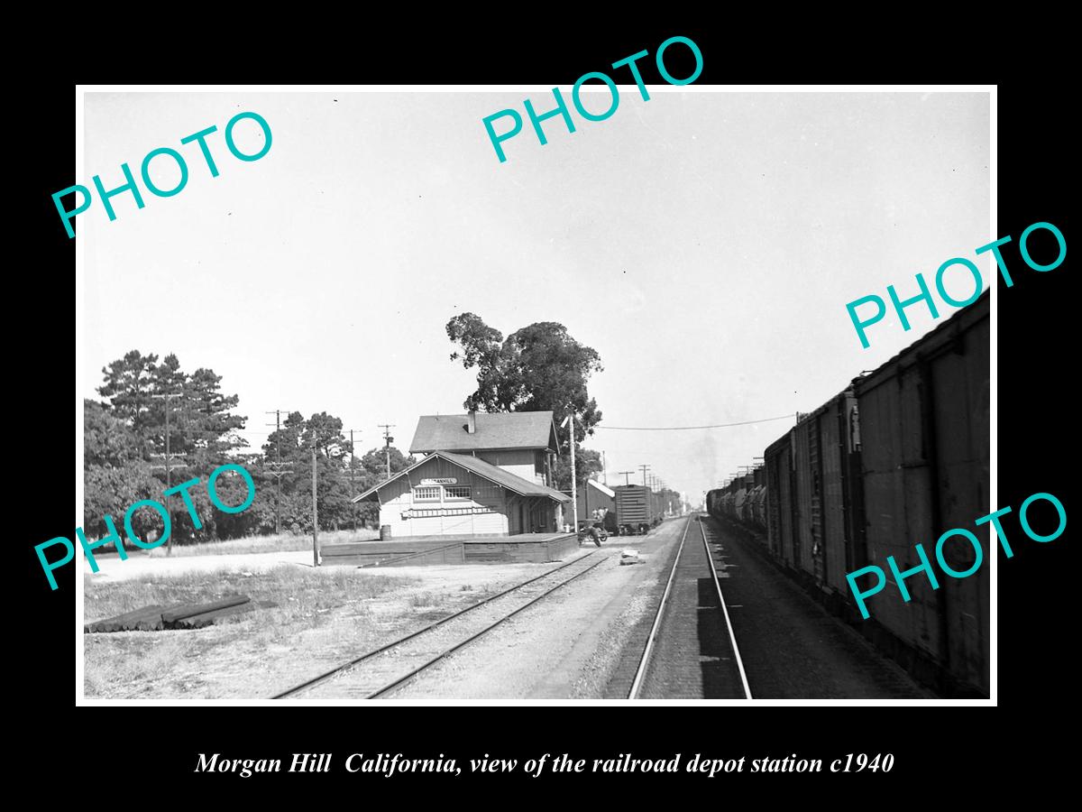 OLD LARGE HISTORIC PHOTO OF MORGAN HILL CALIFORNIA, RAILROAD DEPOT STATION c1940