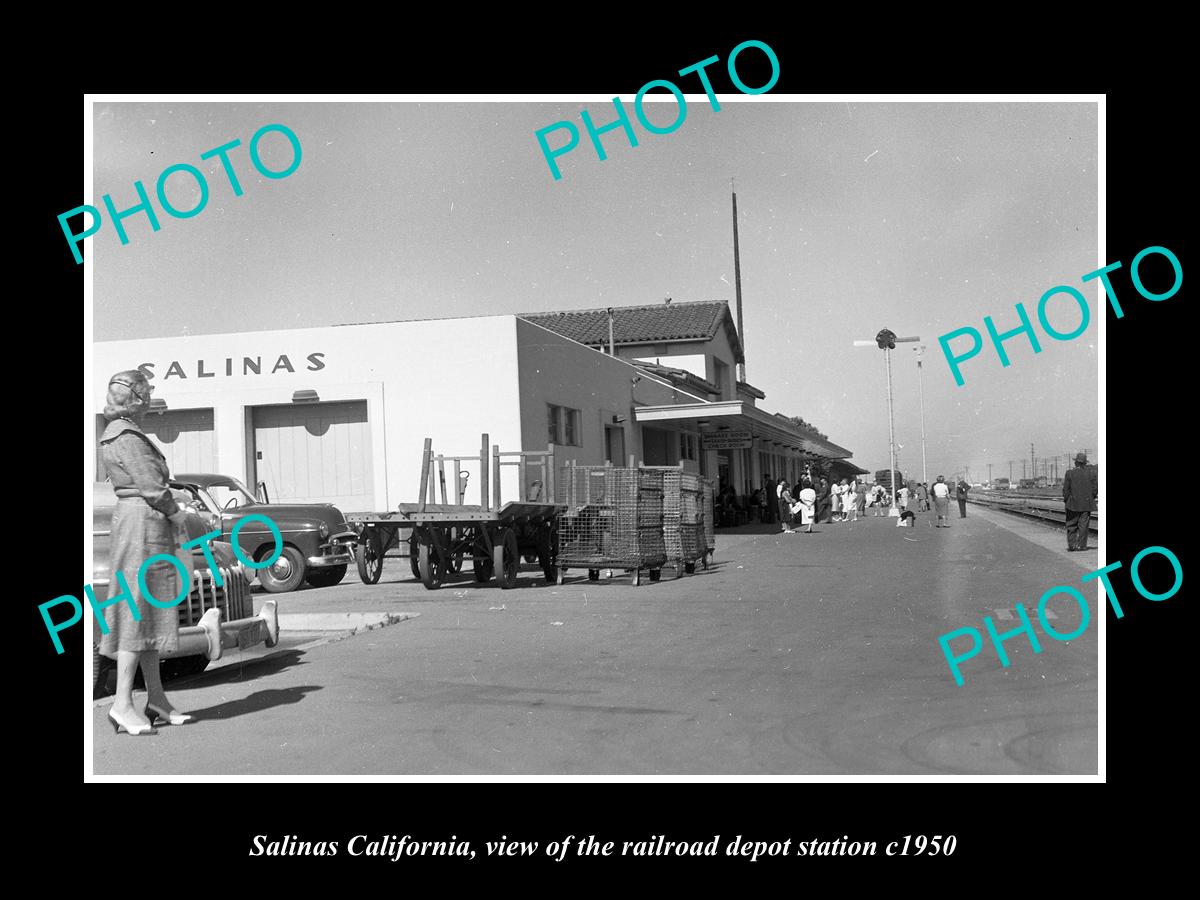 OLD LARGE HISTORIC PHOTO OF SALINAS CALIFORNIA, THE RAILROAD DEPOT STATION c1950