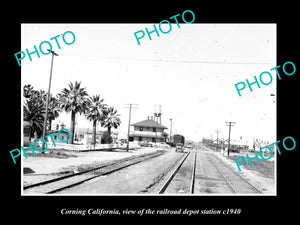 OLD LARGE HISTORIC PHOTO OF CORNING CALIFORNIA, THE RAILROAD DEPOT STATION c1940