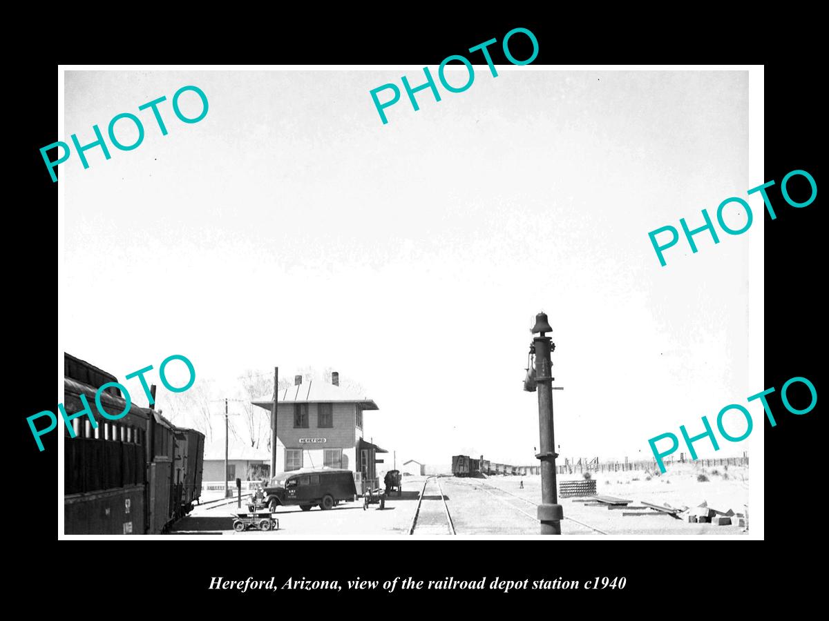 OLD LARGE HISTORIC PHOTO OF HEREFORD ARIZONA, THE RAILROAD DEPOT STATION c1940