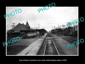 OLD LARGE HISTORIC PHOTO OF LAKE CHARLES LOUISIANA RAILROAD DEPOT STATION c1940