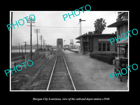 OLD LARGE HISTORIC PHOTO OF MORGAN CITY LOUISIANA RAILROAD DEPOT STATION c1940 1