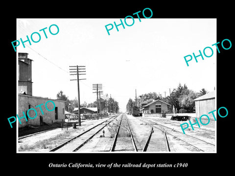 OLD LARGE HISTORIC PHOTO OF ONTARIO CALIFORNIA, THE RAILROAD DEPOT STATION c1940