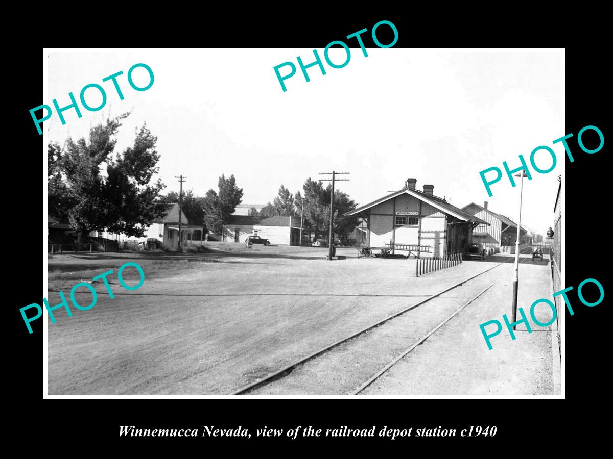 OLD LARGE HISTORIC PHOTO OF WINNEMUCCA NEVADA, THE RAILROAD DEPOT STATION c1940