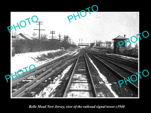 OLD LARGE HISTORIC PHOTO OF BELLE MEAD NEW JERSEY RAILROAD SIGNAL TOWER c1940