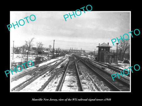 OLD LARGE HISTORIC PHOTO OF MANVILLE NEW JERSEY, WX RAILROAD SIGNAL TOWER c1940