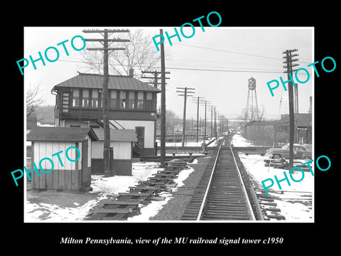 OLD LARGE HISTORIC PHOTO OF MILTON PENNSYLVANIA, MU RAILROAD SIGNAL TOWER c1950