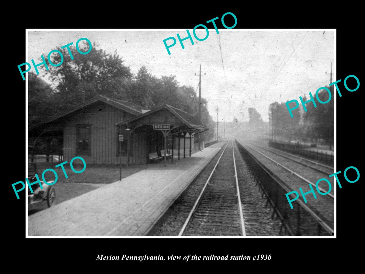 OLD LARGE HISTORIC PHOTO OF MERION PENNSYLVANIA, THE RAILROAD DEPOT STATION 1930