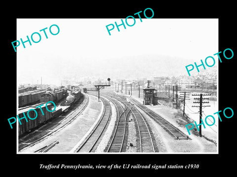 OLD LARGE HISTORIC PHOTO OF TRAFFORD PENNSYLVANIA, THE UJ RAILROAD TOWER c1930