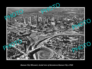 OLD LARGE HISTORIC PHOTO OF KANSAS CITY MISSOURI, AERIAL VIEW OF THE CITY 1960 1