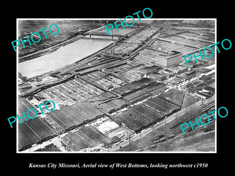 OLD LARGE HISTORIC PHOTO OF KANSAS CITY MISSOURI, AERIAL VIEW WEST BOTTOMS c1950