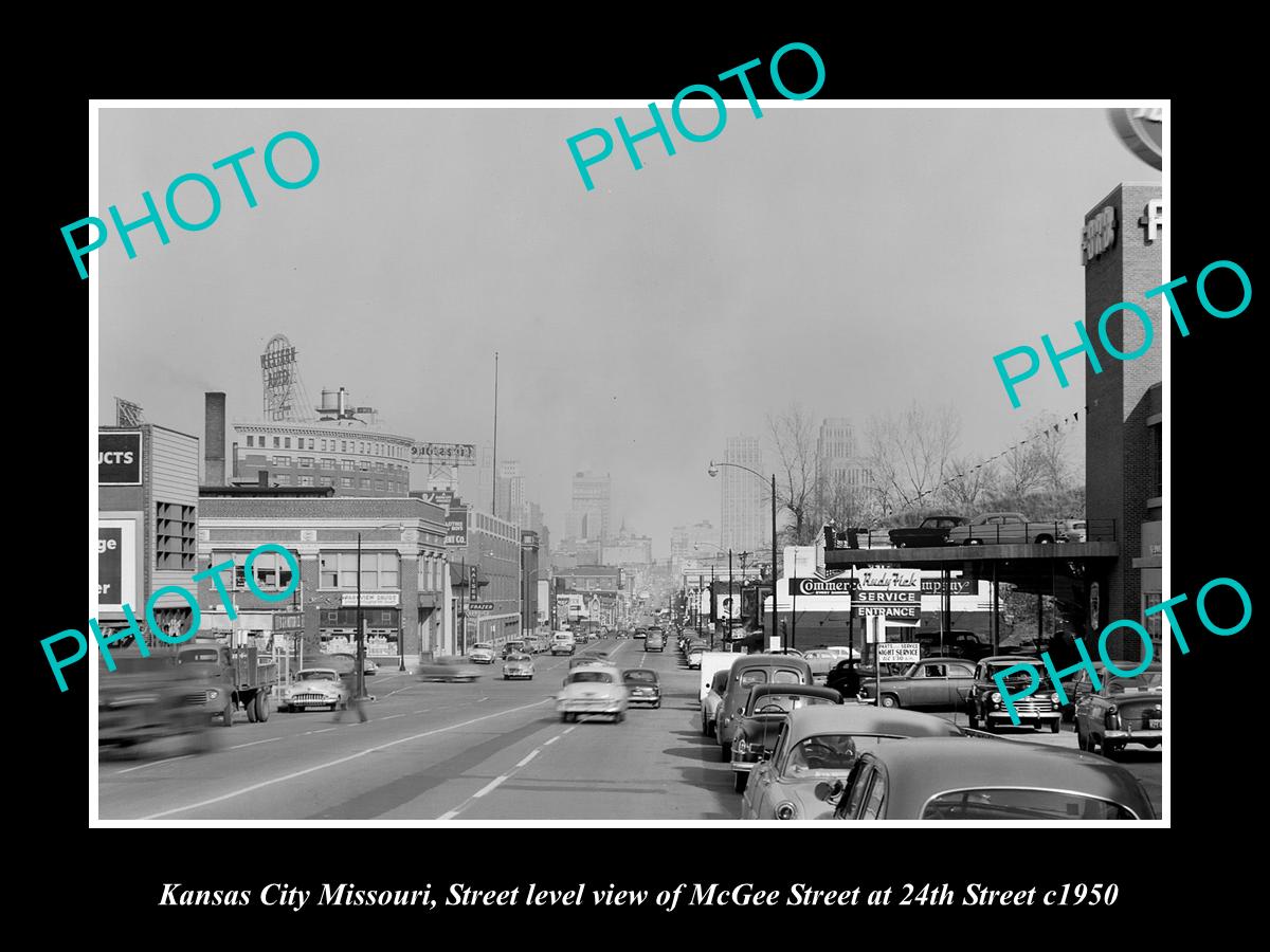 OLD LARGE HISTORIC PHOTO OF KANSAS CITY MISSOURI, VIEW OF McGEE St & STORES 1950