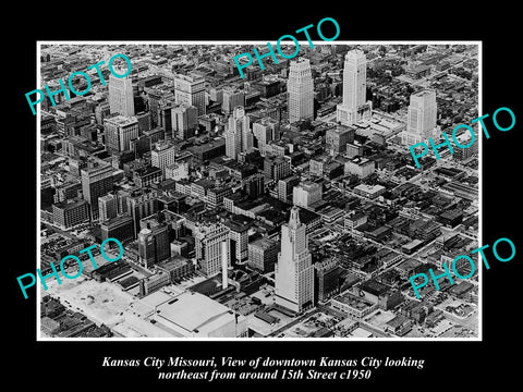 OLD LARGE HISTORIC PHOTO OF KANSAS CITY MISSOURI, AERIAL VIEW OF DOWNTOWN c1950