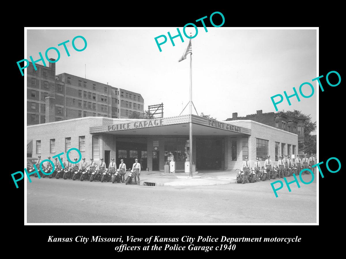 OLD LARGE HISTORIC PHOTO OF KANSAS CITY MISSOURI, POLICE MOTORCYCLE GARAGE c1940