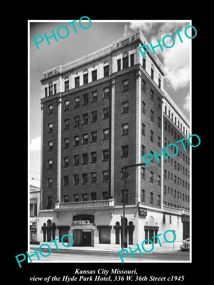 OLD LARGE HISTORIC PHOTO OF KANSAS CITY MISSOURI, THE HYDE PARK HOTEL c1945