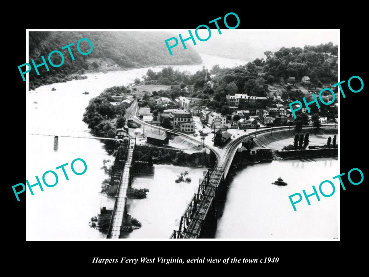 OLD LARGE HISTORIC PHOTO OF HARPERS FERRY WEST VIRGINIA, AERIAL OF TOWN c1940 1